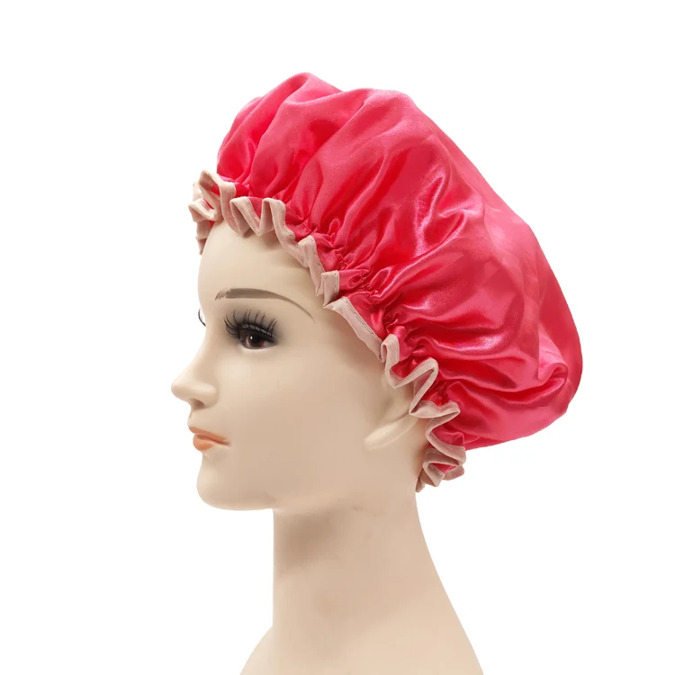 Stock Women Shower Hat PEVA Polyester Hair Cover Bonnet Headgear Double Layer Waterproof Elastic Adjustable Shower Cap