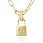 Gold Pendant Minimalist 14k Gold Diamond Starburst Pendant Lock Necklace Womens