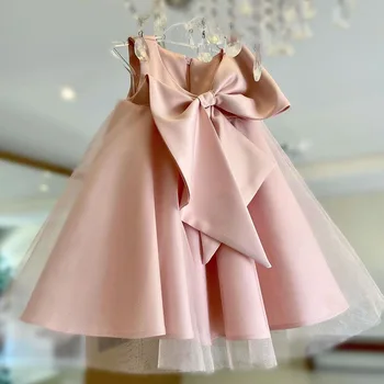 Princess Sleeveless Pink White Lace Wedding Dress for Kids Girls' O-Neck Formal Dress Big Bow Knot for Birthday Parties