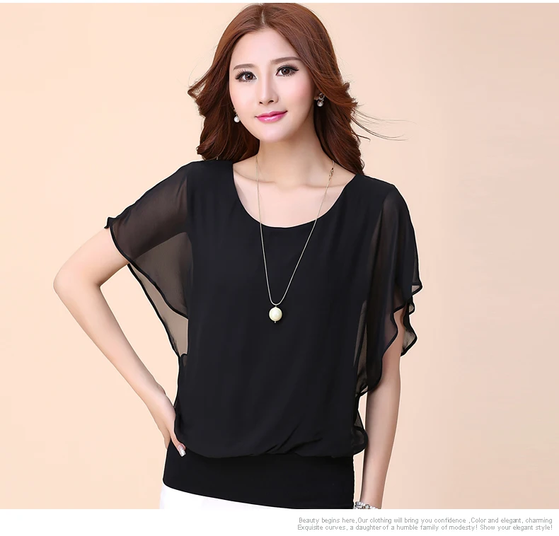 SBM 2024 New Tops Fashion Women Summer Chiffon Blouse Plus Size Ruffle Batwing Short Sleeve Casual Shirt 2