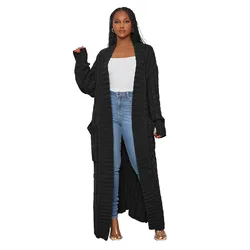 2023 New Fall Winter Solid Color Long Cardigan Fashion Pockets Sweater Coat Women Twist Knitted Cardigan