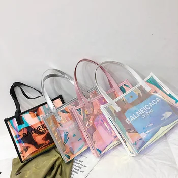 Summer Hand Bag Custom Logo Holographic Clear PVC Waterproof Jelly Tote Bag Laser Handbag for Women
