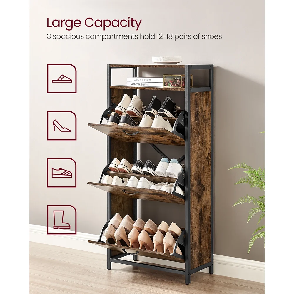 Modern 18-Pair Shoe Storage Cabinet Wood and Metal Design for Home Living Room or Entry Shoe Organizer Rack details