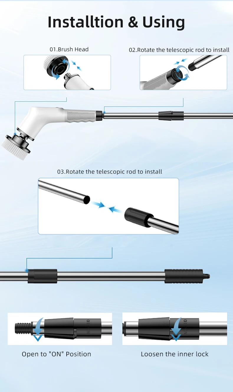 AuSilver Electric Cordless ABS Scrubber Long-Handle Household Kitchen Plastic Floor Cleaning Brush Cleaning Tools