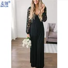 Dress New Arrivals Women's Retro Floral Lace Long Sleeve Floor-Length V-neck Hollowed Out Party Black Dress