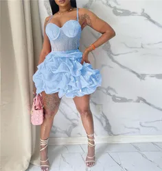 Mesh Rhinestone Tutu Dress Sexy Women Spaghetti Strap Bodycon See Through Diamond Club Cake Dress