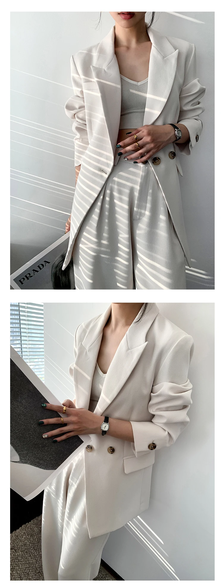 Anszktn Women White Suits Professional Casual Light Luxury Two Piece