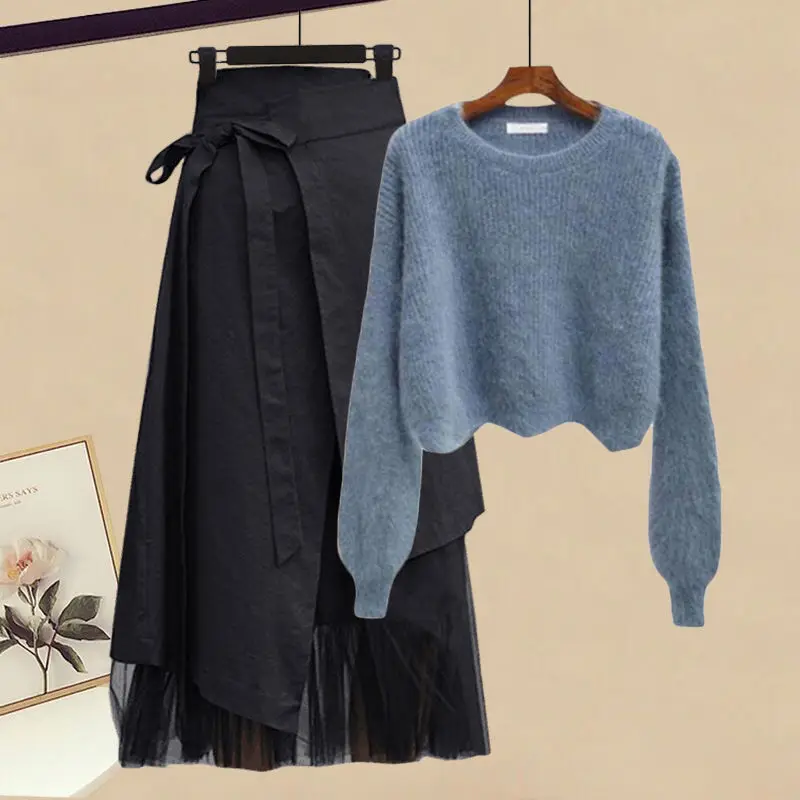 Large Size Women's Spring Solid Chenille Two-Piece Set New Fake-Slimming Shirt Top and Midi Skirt details