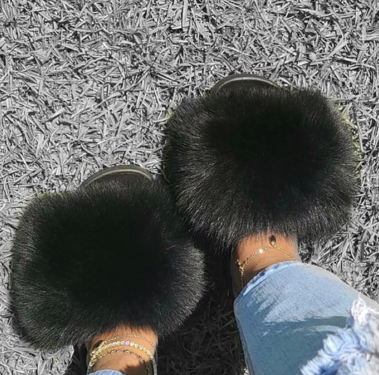 black fluffy fur slides