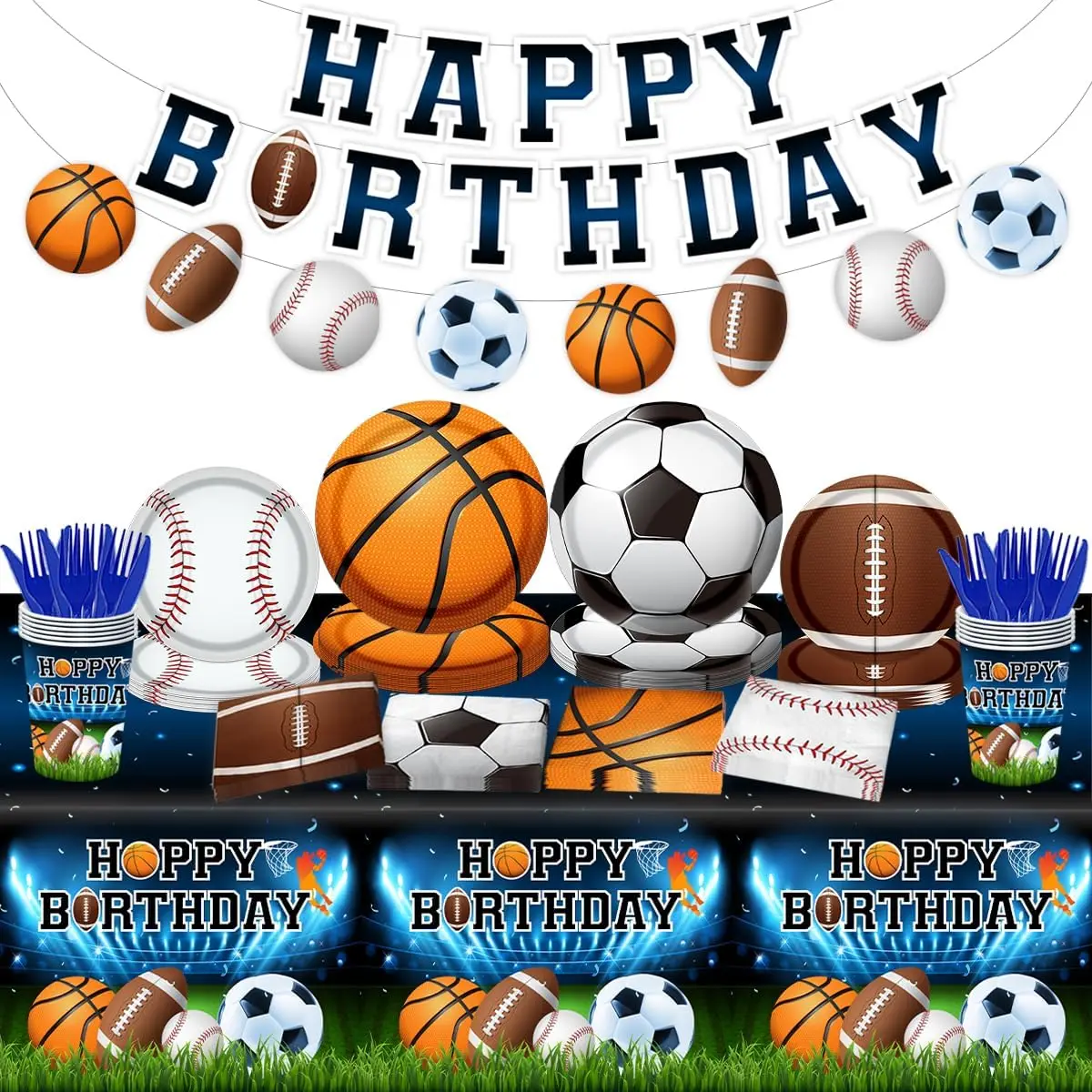 Combination Football Basketball Rugby Disposable Tableware Set Mix Designs Packing Birthday Party Tableware