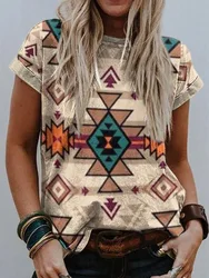 New Style Women's Clothing Summer Retro Round Neck Short Sleeve Top Loose Aztec T-shirt