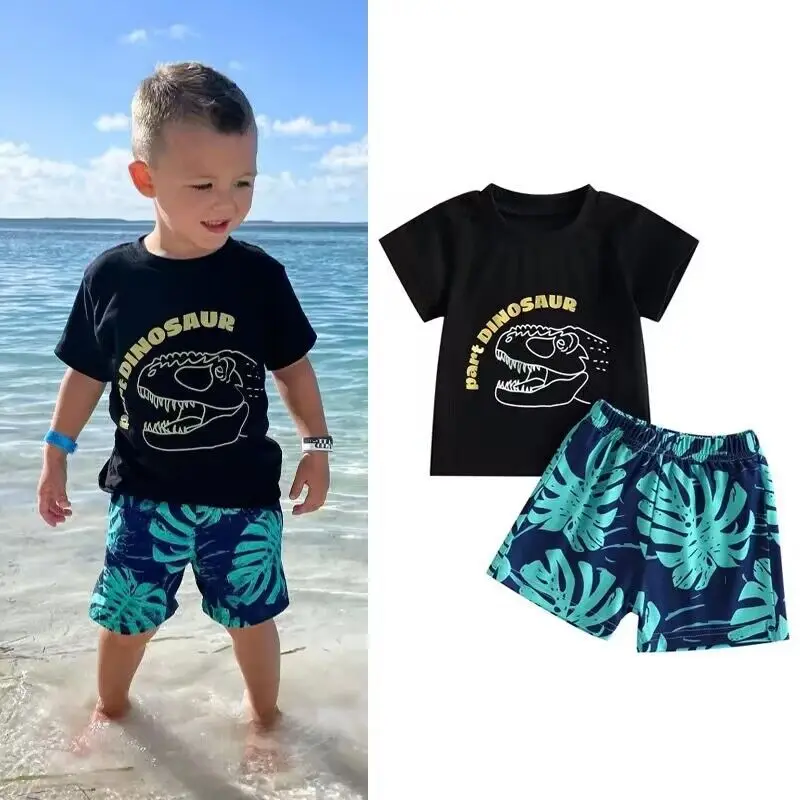 Wholesale summer toddler boys clothing sets cute dinosaur print t-shirt+shorts casual kids children clothes outfits