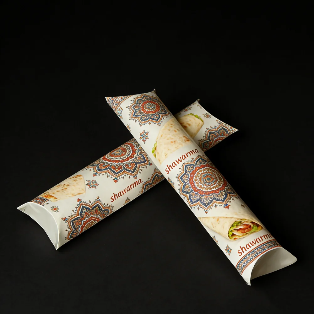 Vlastní logo Tištěné Arabština Halal Restaurace Gril Zabalení Tarna Shawarma Přihrádka Box Kebab Polštář Box Papírové balení
