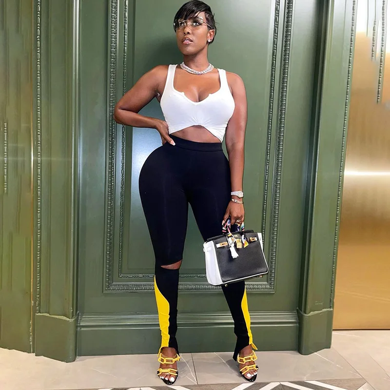 Fashion Design Color Block Knee Ripped 