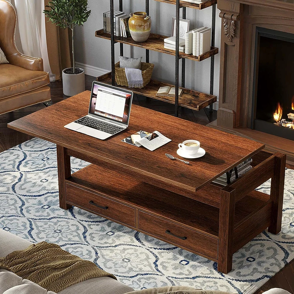 Modern Espresso Wooden Lift Top Coffee Table with Drawers and Hidden Compartment Retro Center Table with Wooden Lift Tabletop details