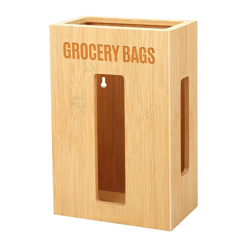 product 2026 new products rectangle wall mounted lacquer bamboo trash bag holder eco friendly garbage bag dispenser for kitchen cabinet-2