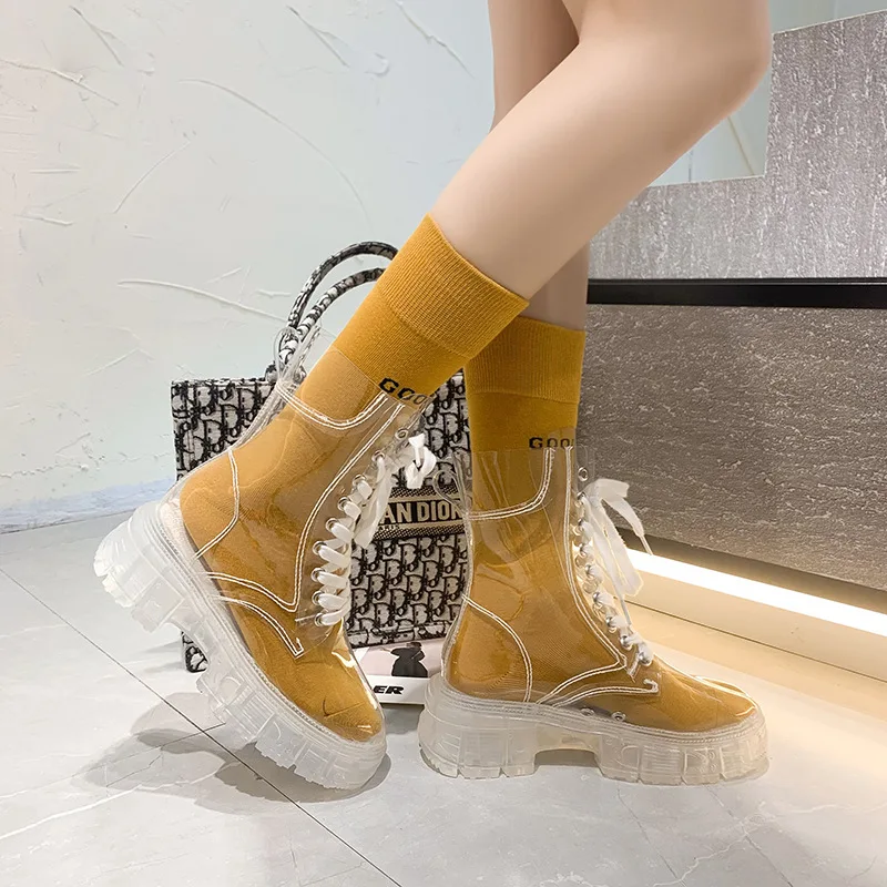 Autumn new style transparent crystal bottom mid-tube boots British style lace-up motorcycle boots