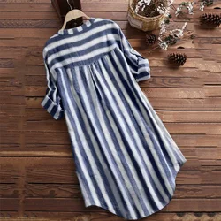 Women Long Style Shirts Striped Spring Autumn Blouse Tops Clothes Loose Long Sleeve Lapel Button Casual Shirt