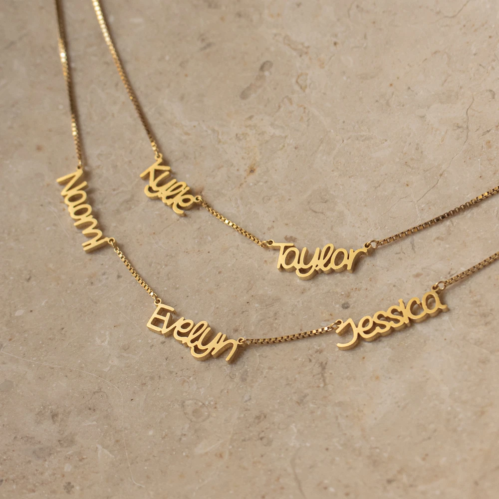 Custom Multiple Name Necklace With Box Chain Personalized Gold
