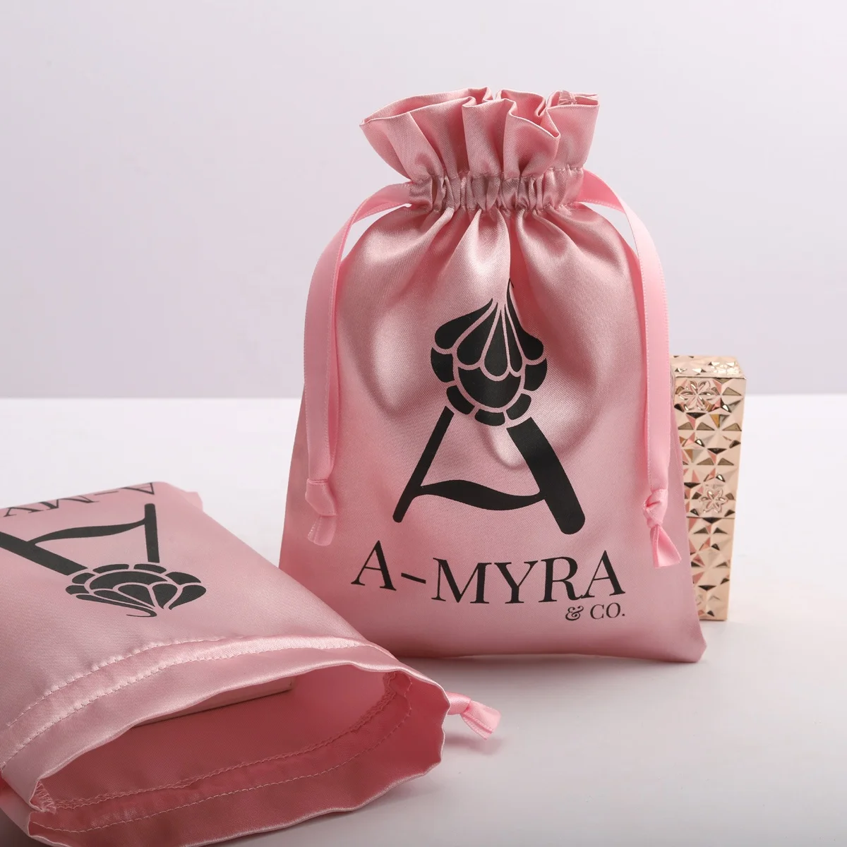 Custom Logo Printed Pink Satin Hair Lingerie Packing Drawstring Bag Luxury Wedding Gift Wig Storage Silk Pouch