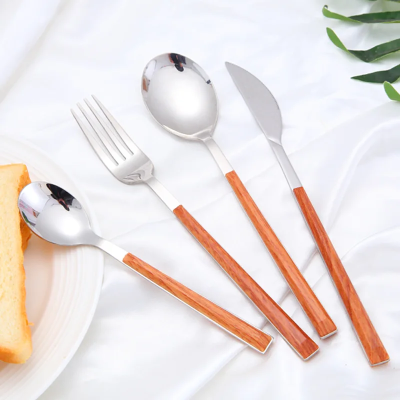 Luxury Korean marble plastic handle cutlery set spoon fork knife flatware set stainless steel silverware set with wooden handle