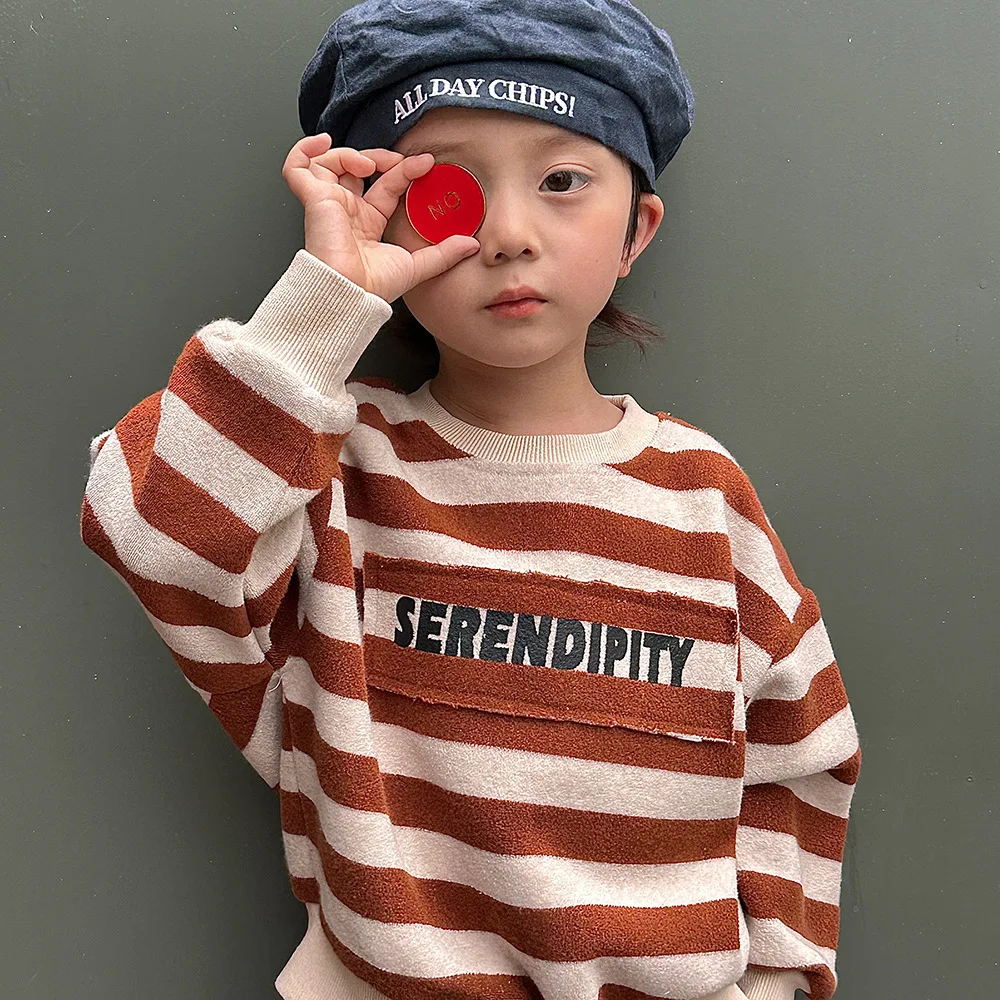 Children's Sweatshirt 2023 Autumn New Mid-sized Child Striped Pullover Boy And Girl Style Crewneck Loose Long Sleeve Tops