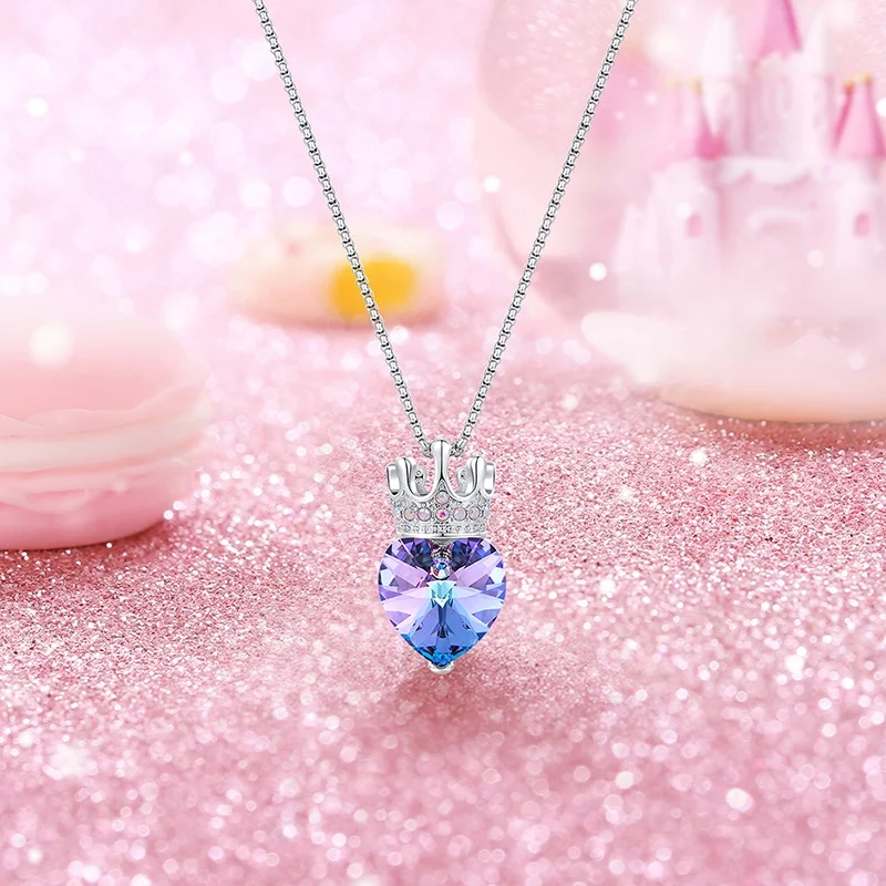 CDE P1010 Colorful Brass Jewellery Pink Girl 2023 Jewelry Crystal Crown Necklace Rhodium Plated Heart Pendant Necklace For Kids