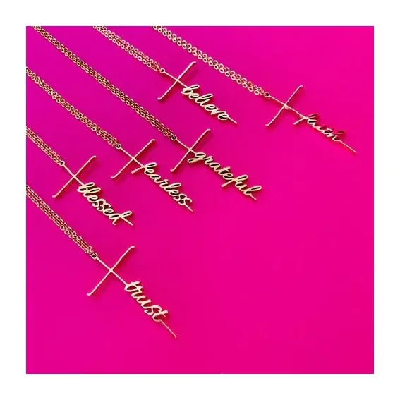 Tarnish free gold plated stainless steel believe faith grace grateful trust cross affirmation necklace