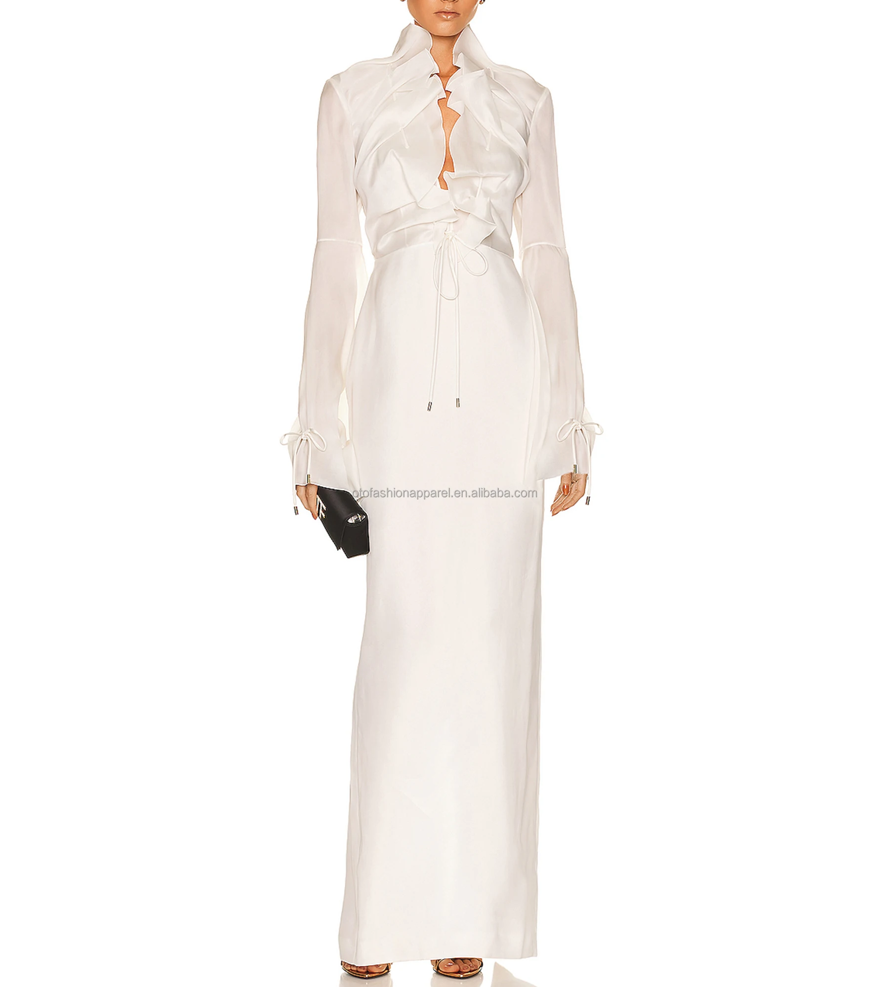 Early Spring 2022 New White Elegant Western Style Long Sleeve Evening Dress High Sense French Flounces V Collar Waist Dress