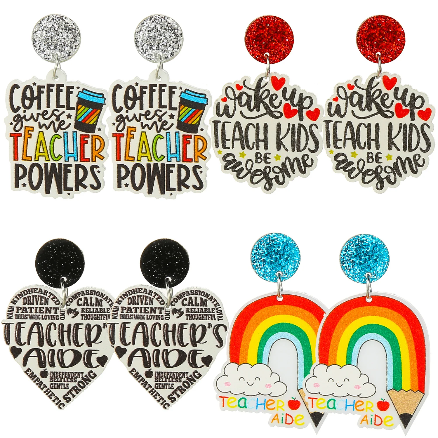 2023 new styles  rainbow round heart shape acrylic teacher Back School FirstDay of School Earrings