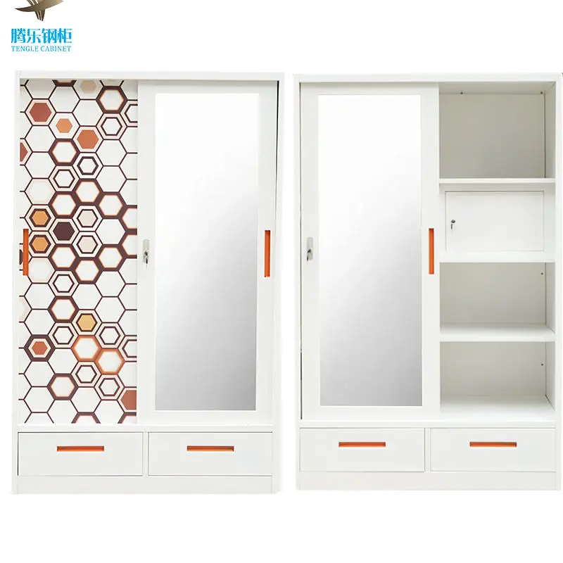 Sliding Anti-Rat Metal 2-Door Wardrobe Closet Bedroom Furniture with Lemari Cermin Pakaian Besi Steel Home Furniture