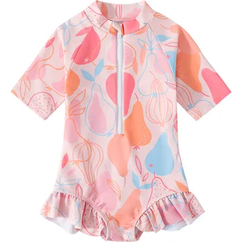 Customized Pink Printed Zipper One Piece Summer Baby Clothes Children Swimwear Beachwear Kids