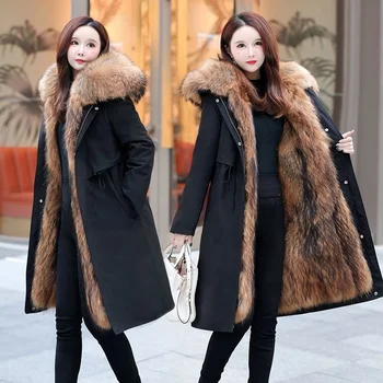 Slimming waist plus length pie overcomes thickened real fur lining with extra fur collar removable winter style coat