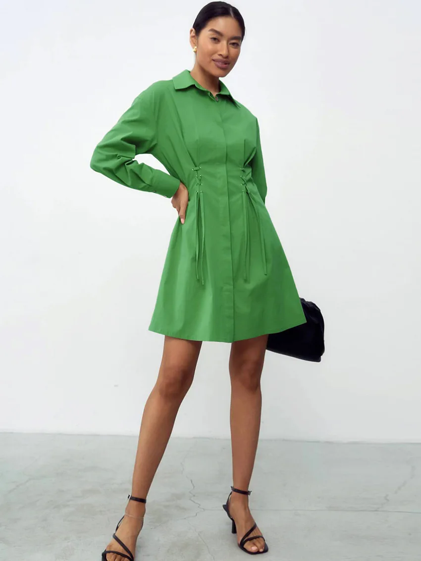 New style commuter lapel shirt skirt female waist slimming A-line dress design sense for ladies
