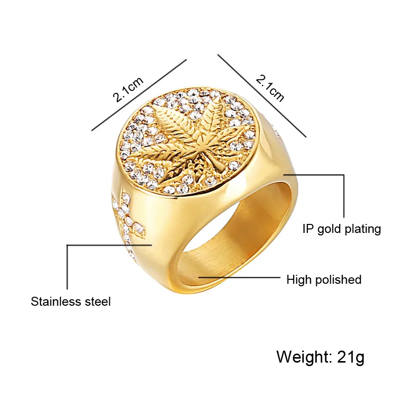 Micro zircon ring hip-hop men's full diamond leaf ring stainless steel jewelry