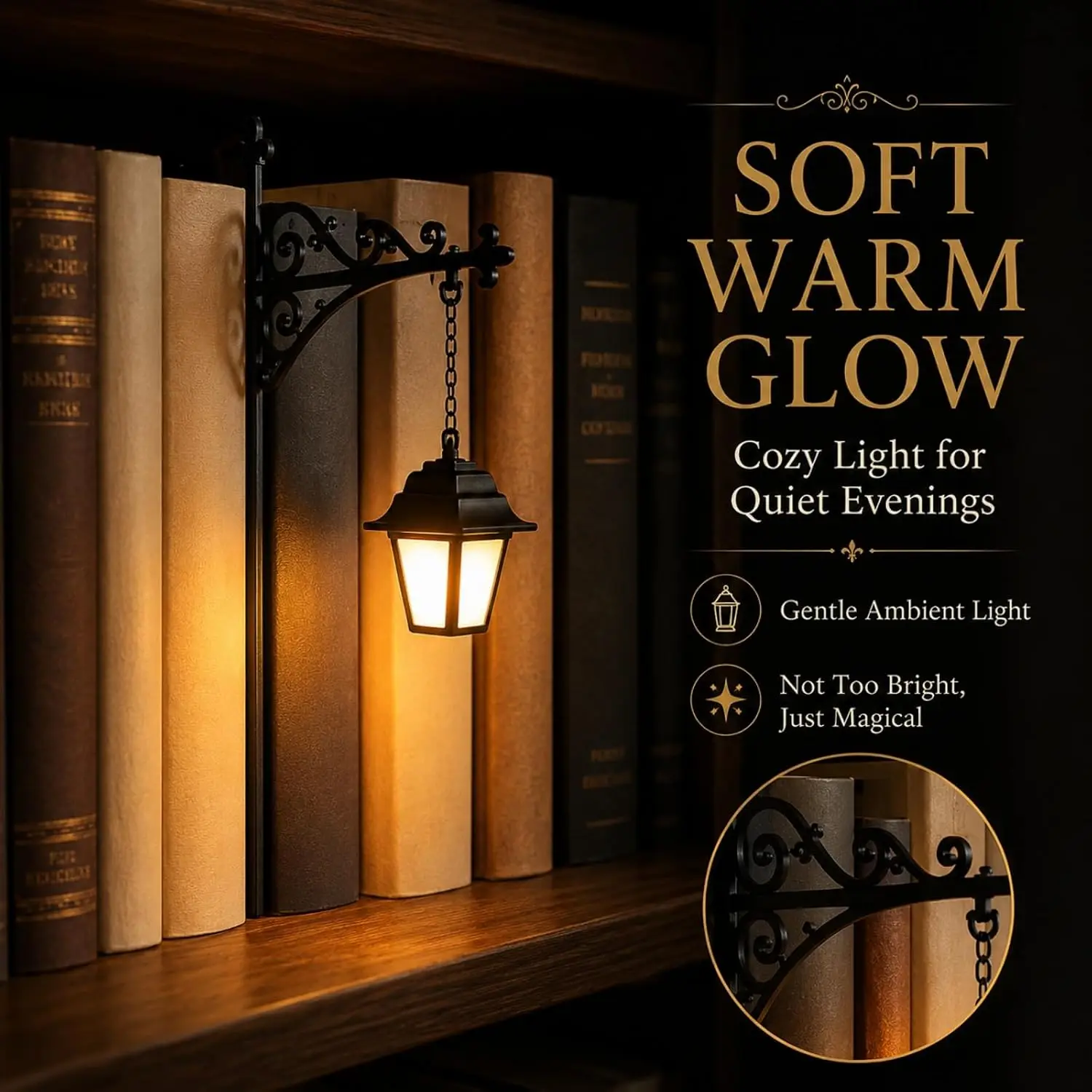 Library Lantern Mini Bookshelf Lamp 3Pcs Black Plastic LED Indoor Hanging Decorative Wall Bookcase Insert Light Push Button