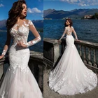 Wedding Wedding Gown Bridal Custom Plus Size Boat Neck Mermaid Bridal Gown White Ivory Lace Long Sleeve Wedding Dress