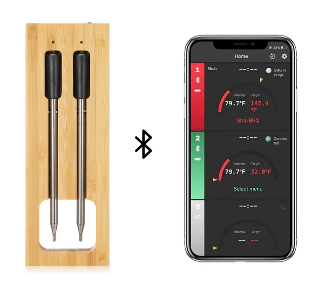 330ft long range dual probe Bluetooth wireless meat thermometer for kitchen, BBQ, oven, grill, smoker with repeater integration