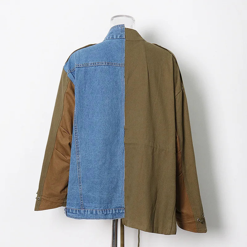 2023 Autumn High Quality Lapel Long Sleeve Denim Patchwork Vintage Coat Women Jacket