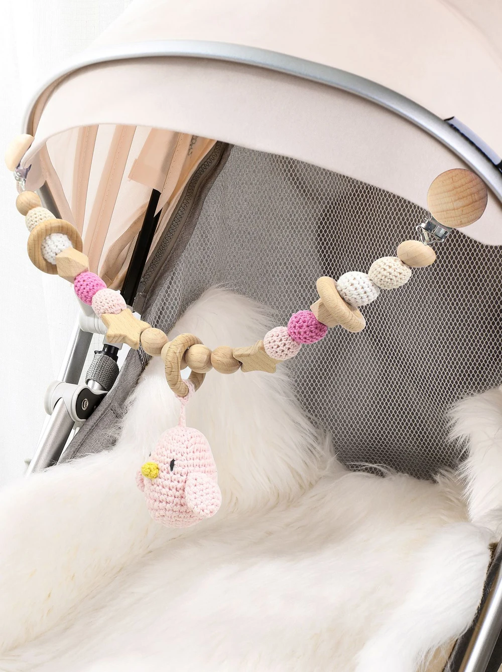 New Teething Toy Beech Wooden Crochet Baby Teether Bracelet Wood Bunny Pacifier Holder Stroller Pram Chain Decoration