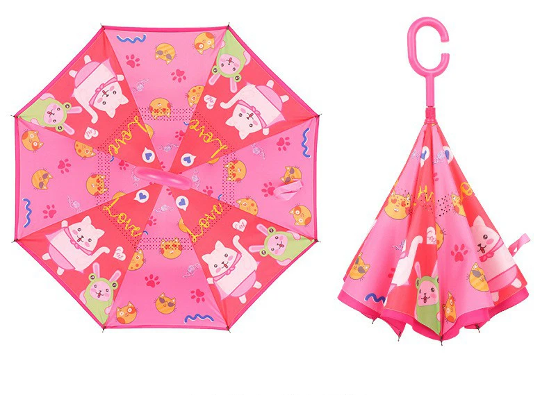 HJH492 Children Long Double Layer Kids Reverse Umbrella Cartoon Animal Umbrella for Boys and Girls Handle Free Rain Umbrellas