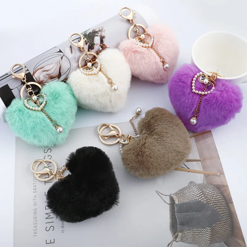 Cute Heart Pompom Keychain Fashion Pearl Tassel Fluffy Flush Faux Rabbit Fur Key Chains for Women Girl Charm Bag Pendant Keyring