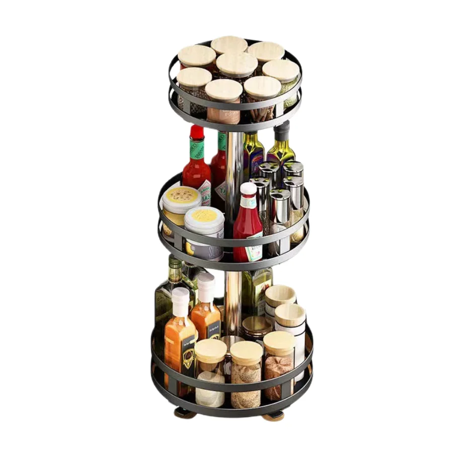Carbon Steel 3 Layer Adjustable Spice Shelf Kitchen 360 Rotating Seasoning Jar Rack Set