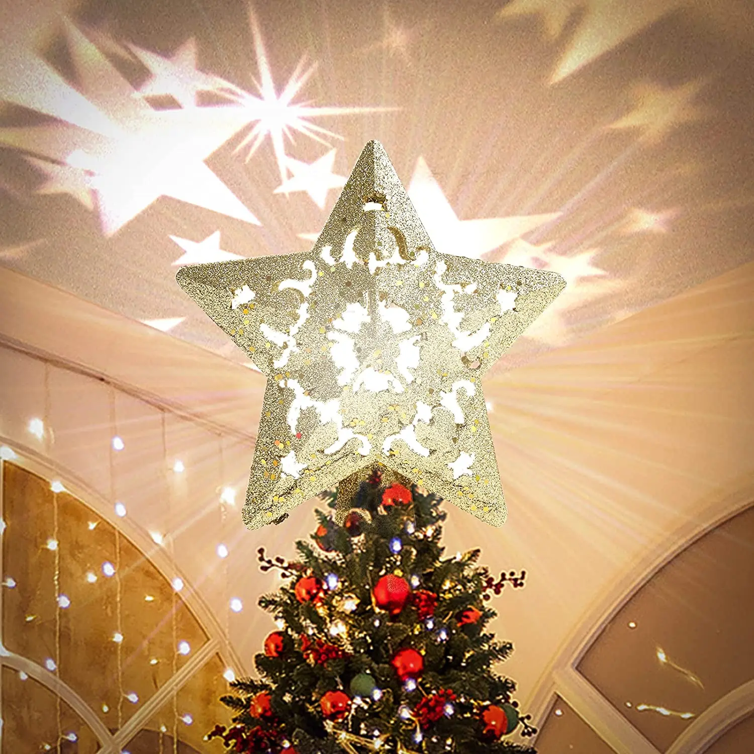 christmas tree star topper with projector lights