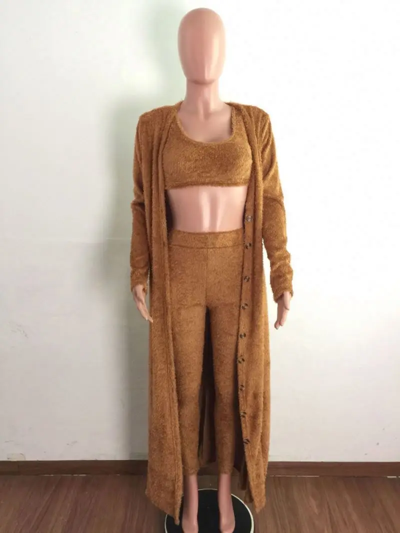 wholesale Women Clothing 3 Pieces True Size Fashion Thicken Coat for Women Cardigan and Long Pants 3 Piece Set Fur Coat Sets