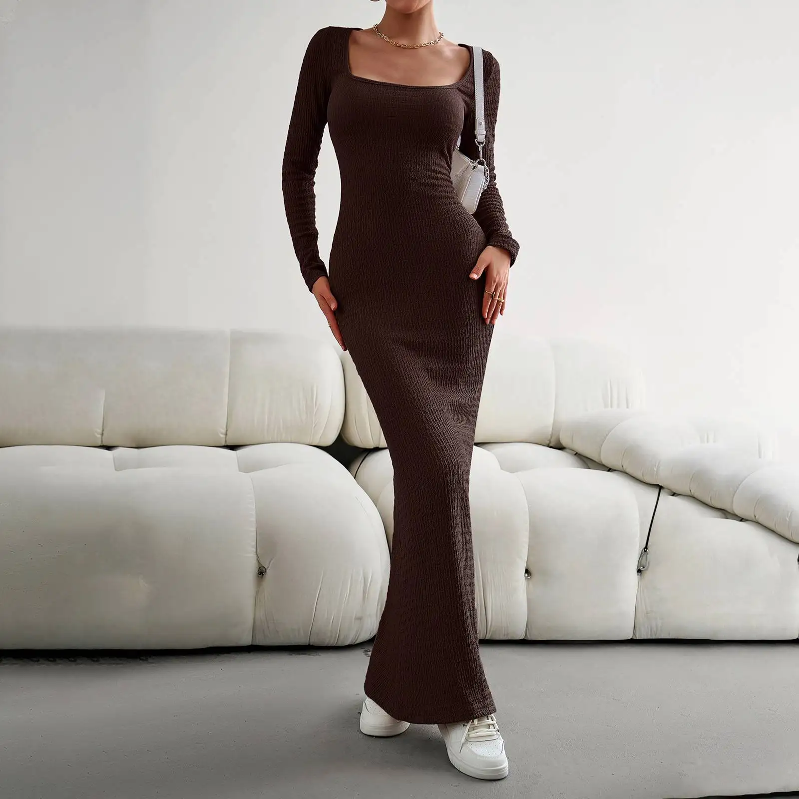 2024 new Full Sleeves Maxi Dress Women Lady Elegant Casual Fall Long Dress Solid Color Scoop Neck Dupe Skims Bodycon Dress