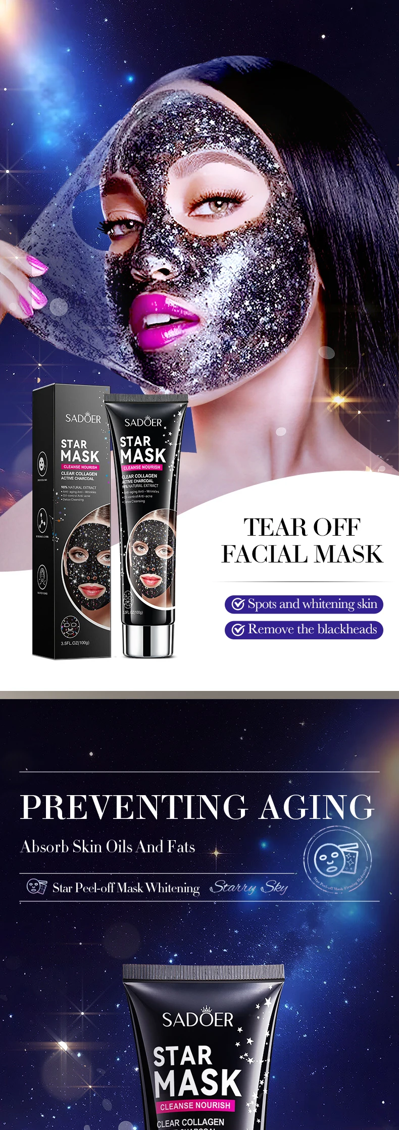 product 100g sadoer starry sky face and body mask for blackhead acne removal deep cleaning multi style adsorption peel off face mask-7