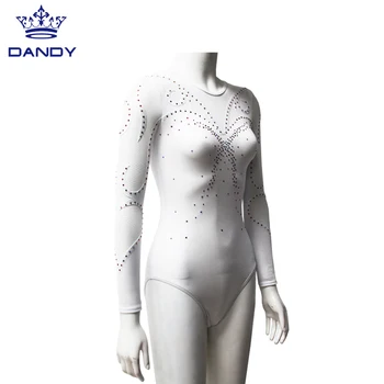 Wholesale High Quality LOW MOQ Spandex Kids Long Sleeve Shiny White Leotard Custom For Team Dance Competition