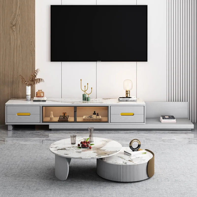 Modern Light Luxury Rock Slab Coffee Table TV Cabinet Combination Living Room Retractable Simple TV Stand Storage Floor Cabinet