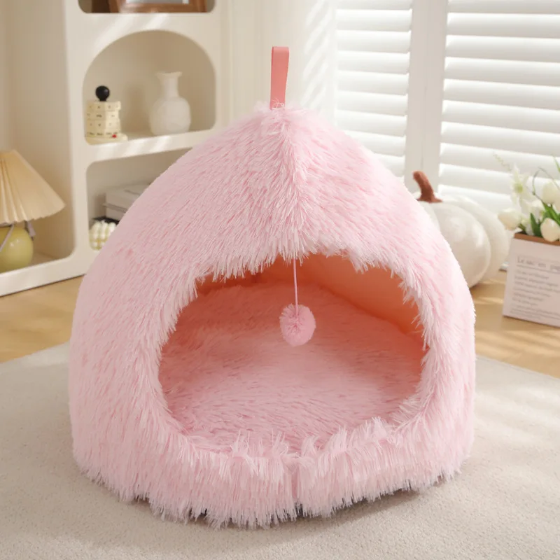 product fluffy dog cat cave bed with ball toys multi colors doggy cat sleeping bed indoor cat house-56